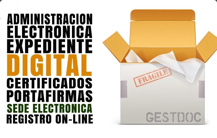 Cartel antiguo de GestDoc con los términos administración electrónica, expediente digital, certificados, portafirmas, sede electrónica y registro on-line