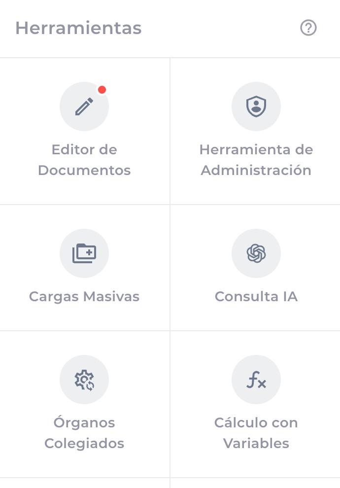Menú de herramientas de GestDocAI: editor de documentos, administración, cargas masivas, consulta con IA, órganos colegiados y cálculo con variables