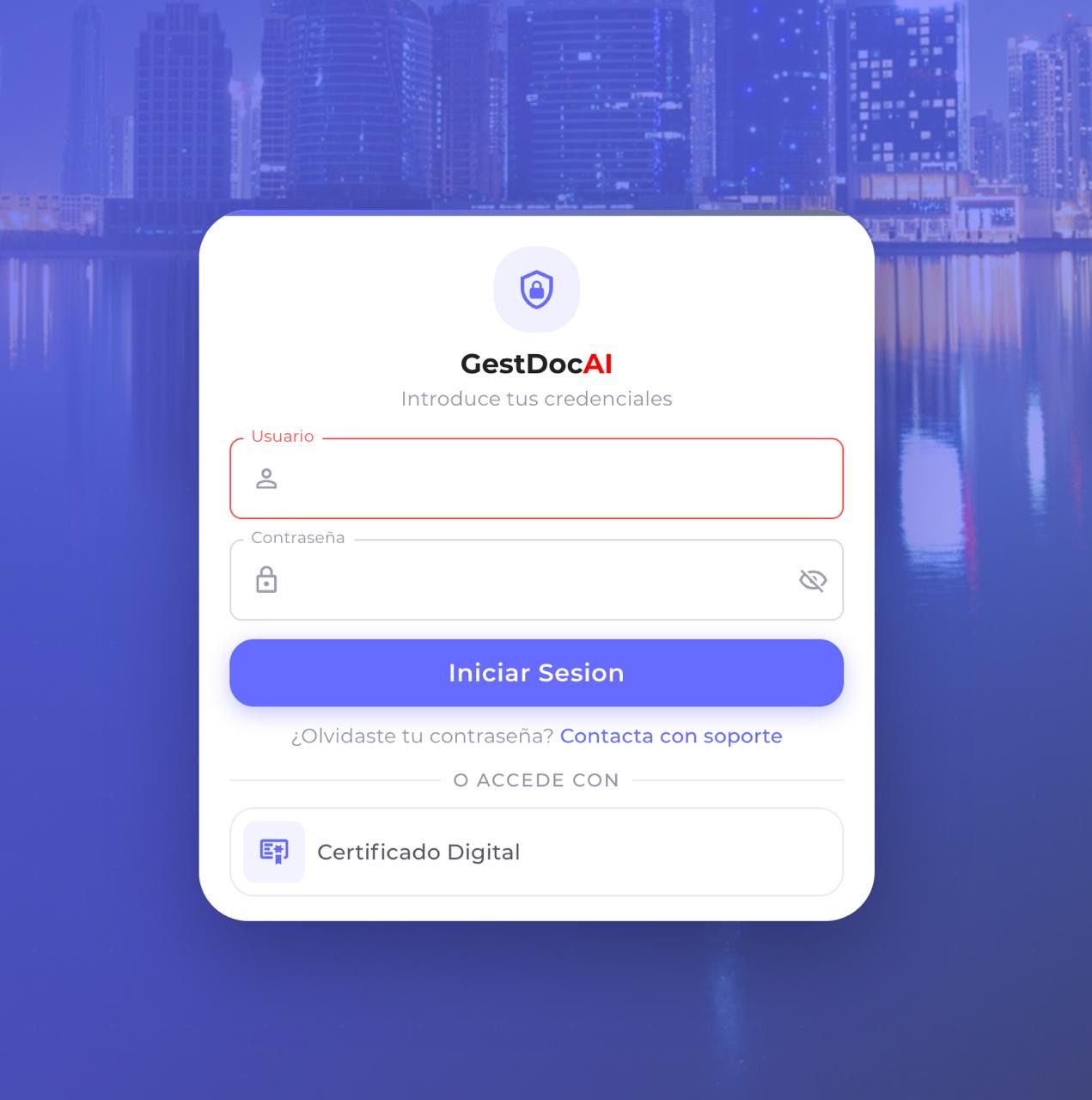 Pantalla de acceso a GestDocAI con usuario o certificado digital