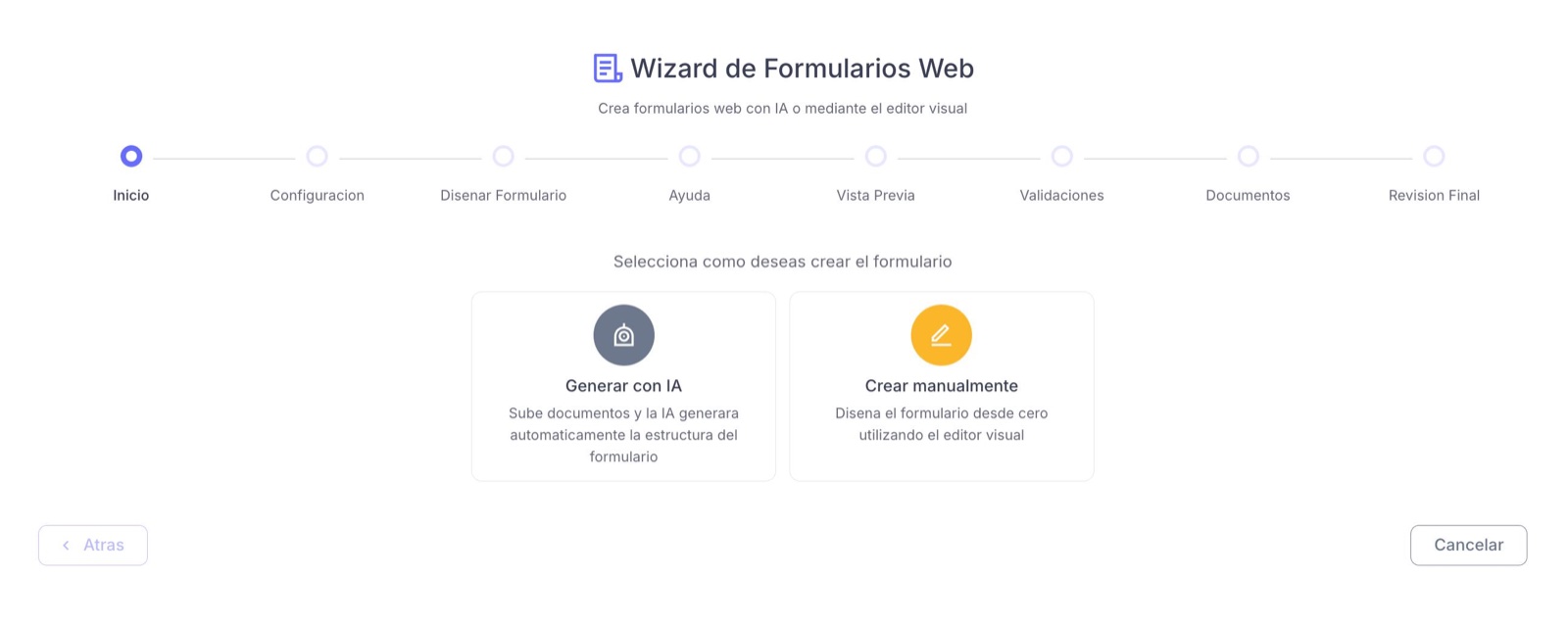 Asistente de GestDocAI para crear un formulario web, con IA o con el editor visual